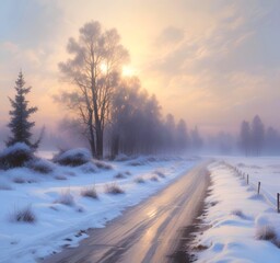 Obraz premium Early morning winter road glazed with ice, mist rising, soft pastel sky, quiet and cold mood