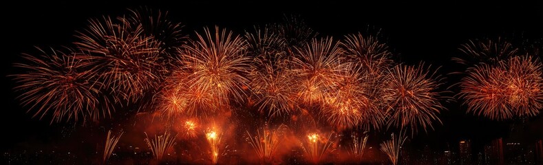 A vibrant display of orange fireworks bursting against a backdrop of a dark, starless night