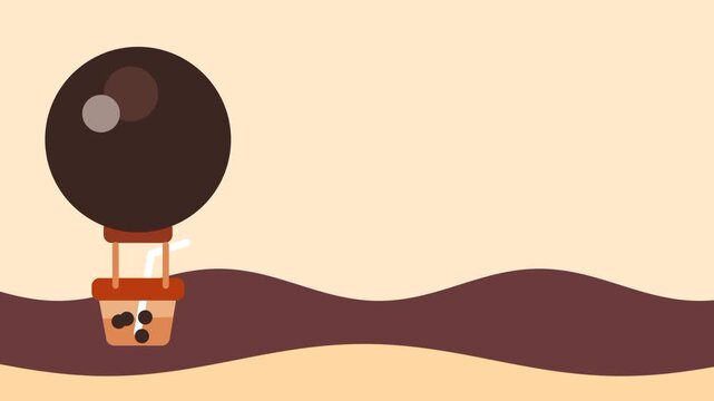 A dark brown round balloon with a small basket floats above rolling brown hills under a light tan sky creating a warm and earthy minimalist scene