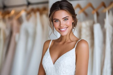 Happy bride smiling in wedding dress shop