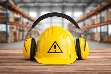 Industrial safety hard hat with hearing protection and warning symbol in warehouse
