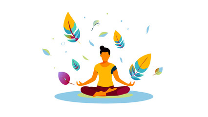 Minimalist vector illustration of a person meditating with abstract floating leaves and soft light, peaceful atmosphere, self-care concept.