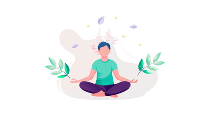 Minimalist vector illustration of a person meditating with abstract floating leaves and soft light, peaceful atmosphere, self-care concept.