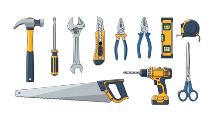 Professional Flat Vector Hand Tools Set for DIY Home Repair, Construction, and Carpentry Illustration Isolated on White