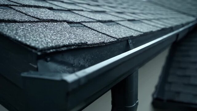 Close-up of a modern shingled roof with detailed textures and gutter system