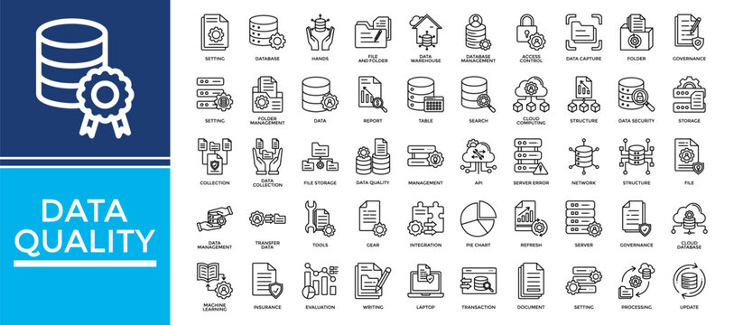 Data quality icon set collection. Containing transfer, database, server, report, insurance, writing, management .Line vector icons collection