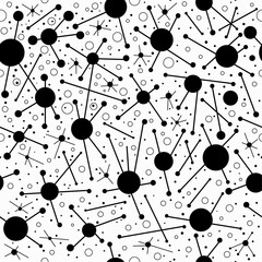Black and White Atomic Pattern. The pattern features black circles of varying sizes, some with lines radiating outward, resembling atomic structures.