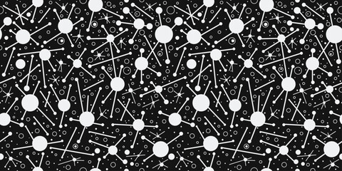 Abstract Black and White Pattern. The design consists of white circles, some with radiating lines, resembling stylized atoms or molecules. Smaller white circles.