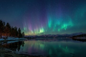Dramatic night landscape: aurora glow above snow-covered shoreline and pine silhouettes