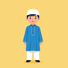 A young boy wearing traditional attire stands against a vibrant yellow background during RAMADHAN