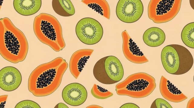 Seamless pattern of fresh sliced papayas and kiwis on a light background.