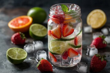 A glass jar filled with detox water sits on a table. Ice cubes and slices of lemon, lime, and strawberries float in the water. Fresh fruits surround the jar Generative AI