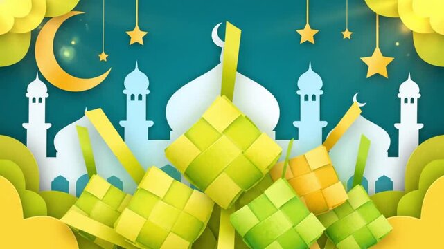 Paper cut Ketupat dumplings, mosque, crescent moon, and stars illustration. Islamic holiday background for Eid al-Fitr or Ramadan Kareem greetings.