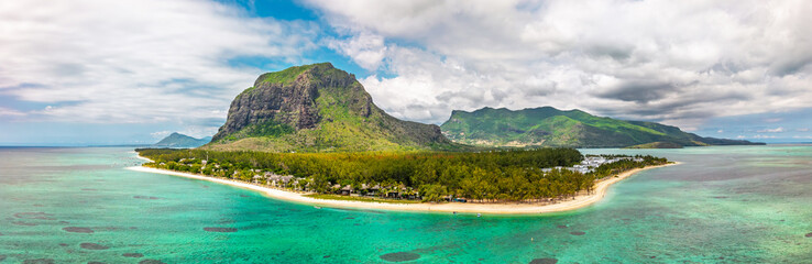 Stunning tropical landscape panorama of Le Morne Brabant peninsula with crystal clear emerald...
