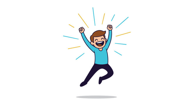 Extremely happy and energetic young man jumping in the air with his arms raised, celebrating a victory or success with radiant lines around him.