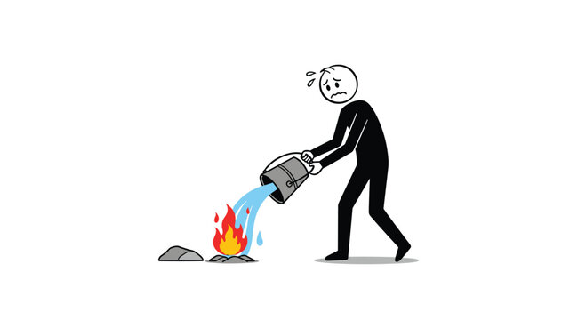 Worried stick figure character pouring a bucket of water to extinguish a small campfire, illustrating problem-solving or putting out a fire.