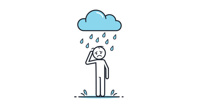 Sad and depressed stick figure standing in a puddle under a small, personal rain cloud, symbolizing sadness, grief, and bad luck.