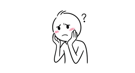 Obraz premium Simple hand-drawn stick figure with blushing cheeks and a question mark, expressing feelings of confusion, shyness, embarrassment, or awkwardness.