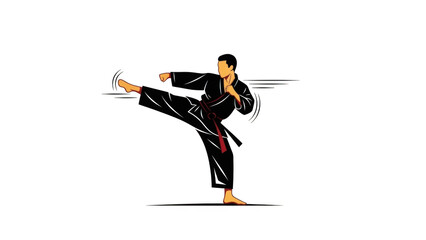 Man in black gi performing side kick with red belt on black background image
