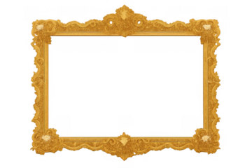 Ornate gold frame with baroque and rococo elements, carved antique border, vintage luxury gallery decoration, transparent background