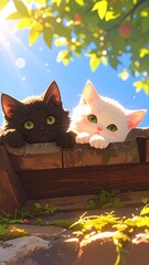 4k wallpaper of Two adorable kittens, black and white, playfully peek over a rustic wooden ledge, bathed in sunlight through green leaves
