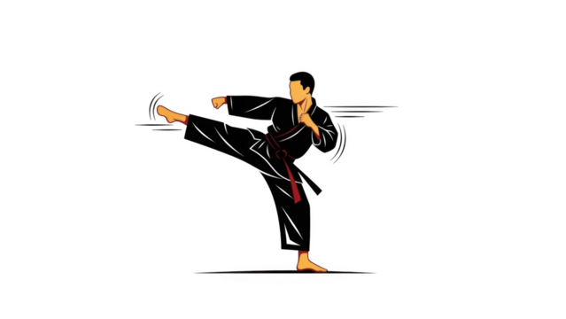 Man in black gi performing side kick with red belt on black background image - Powered by Adobe