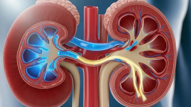 Detailed anatomical illustration of human kidneys with highlighted blood vessels and urinary tract system