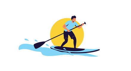 Fototapeta premium An active man enjoying stand-up paddleboarding on the water, paddling across the waves on a sunny day for a summer water sport.