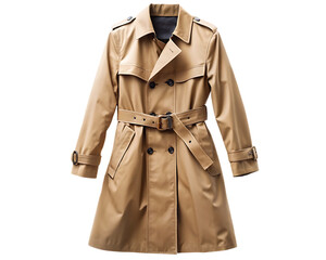 Tan trench coat with belt on white space isolated on white background, PNG. AI Generated