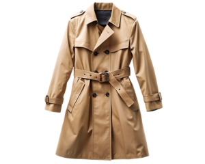Tan trench coat with belt on white space isolated on white background, PNG. AI Generated