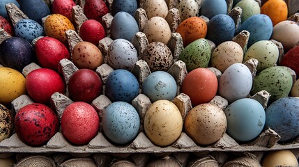 Close-up of diverse, speckled eggs arranged in cardboard cartons, offering rich colors