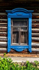 Naklejka premium Window with Blue Carved Frame on Old Wooden Log House