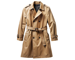 Tan trench coat with belt on white space isolated on white background, PNG. AI Generated