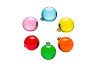 Seven vibrant, translucent glass baubles float circularly against a seamless transparent studio background, subtle shadows. Concept of spring festivity and joy