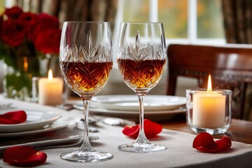 Naklejka premium Romantic dinner table set with crystal wine glasses