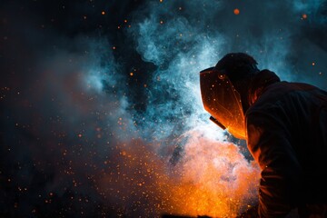 A person is working at night, creating sparks that light up the dark environment. The intense light contrasts with the surrounding shadows Generative AI