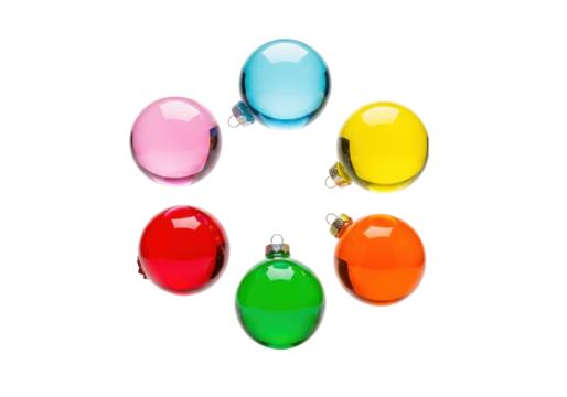 Seven vibrant, translucent glass baubles float circularly against a seamless transparent studio background, subtle shadows. Concept of spring festivity and joy - Powered by Adobe