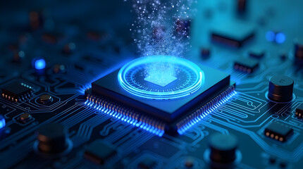 A macro closeup of a blue electronic motherboard displays the intricate circuitry, hardware components, and a semiconductor processor chip essential for digital data engineering and computer technolog