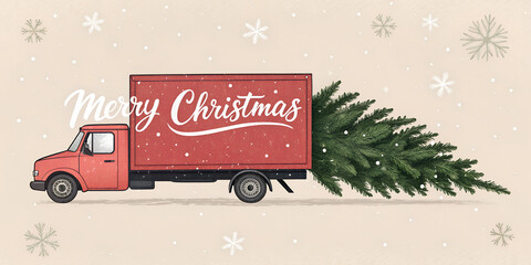 "Red truck driving Christmas tree on white background with Merry Christmas text and copy space. 3D Rendering, 3D Illustration	
"
