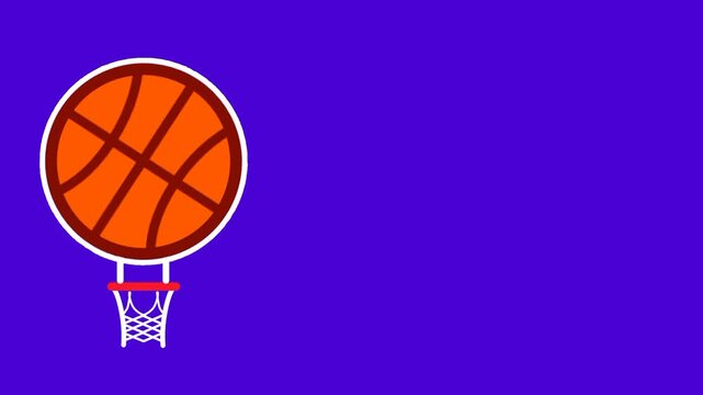 An orange basketball with a net attached below it floats like a hot air balloon against a solid and vibrant purple background in this unique graphic