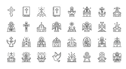 Collection of christianity line icons representing religious symbols and elements isolated on
