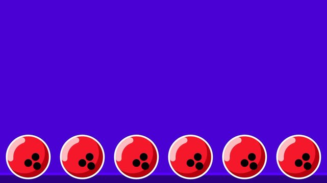 Six identical red bowling ball balloons are lined up along the bottom edge of a purple frame representing a multiple choice or selection screen