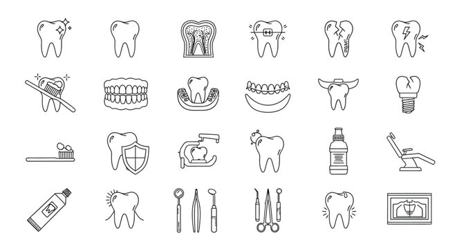Collection of linear icons representing common dental problems and treatments isolated on dentistry and oral hygiene concept