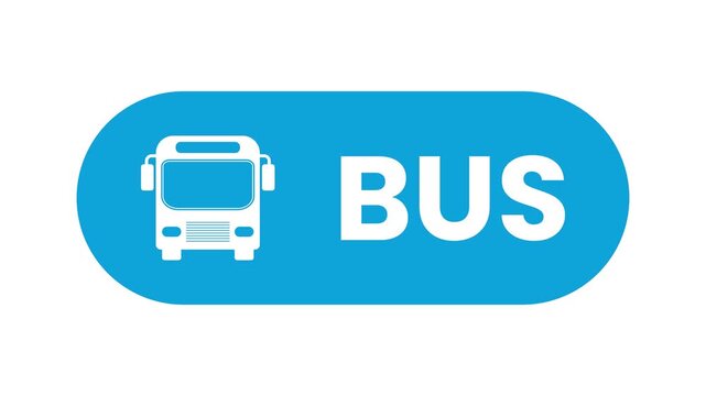 Bus stop sign animation, Transport station clipart, bus front view, blue and white vector illustration