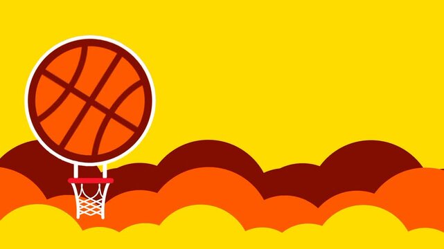 A large basketball balloon floats over a vibrant yellow sky with stylized orange and red hills at the bottom creating a high energy sports theme