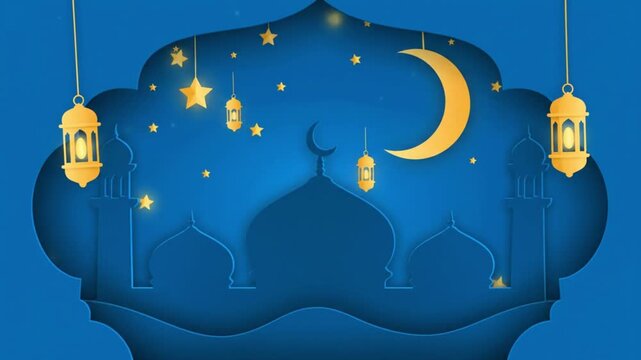 Ramadan Kareem blue paper cut illustration with mosque domes, crescent moon, and golden lanterns.