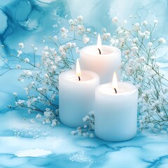 White Candles on Blue Background Watercolor Background Banner  high resolution   for isolate image