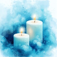 White Candles on Blue Background Watercolor Background Banner  high resolution   for isolate image