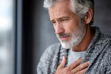 Senior man feeling chest pain experiencing heart problems
