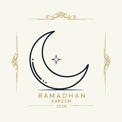 Ramadhan Kareem celebration vector illustration with crescent moon and star on elegant white background